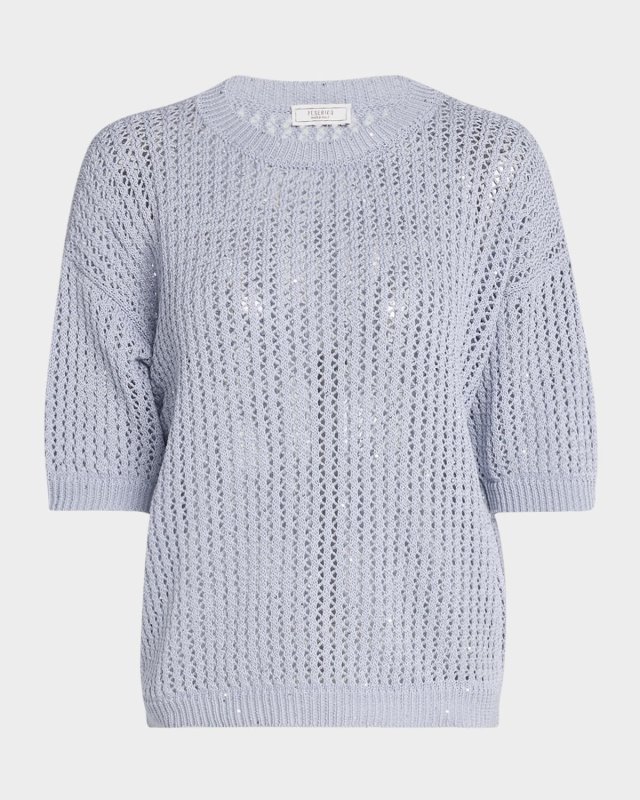 Open-Knit Sequin Crewneck Sweater